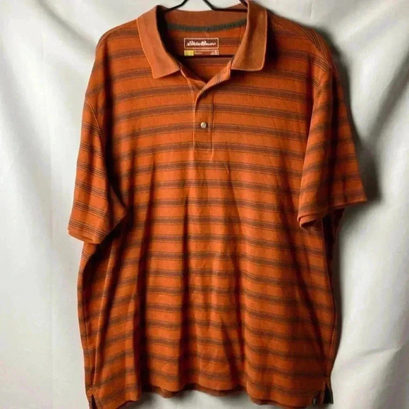 EDDIE BAUER TRAVEX MENS SIZE XL COTTON POLO SHIRT RUST W/ DARK GRAY STRIPES - Picture 1 of 12